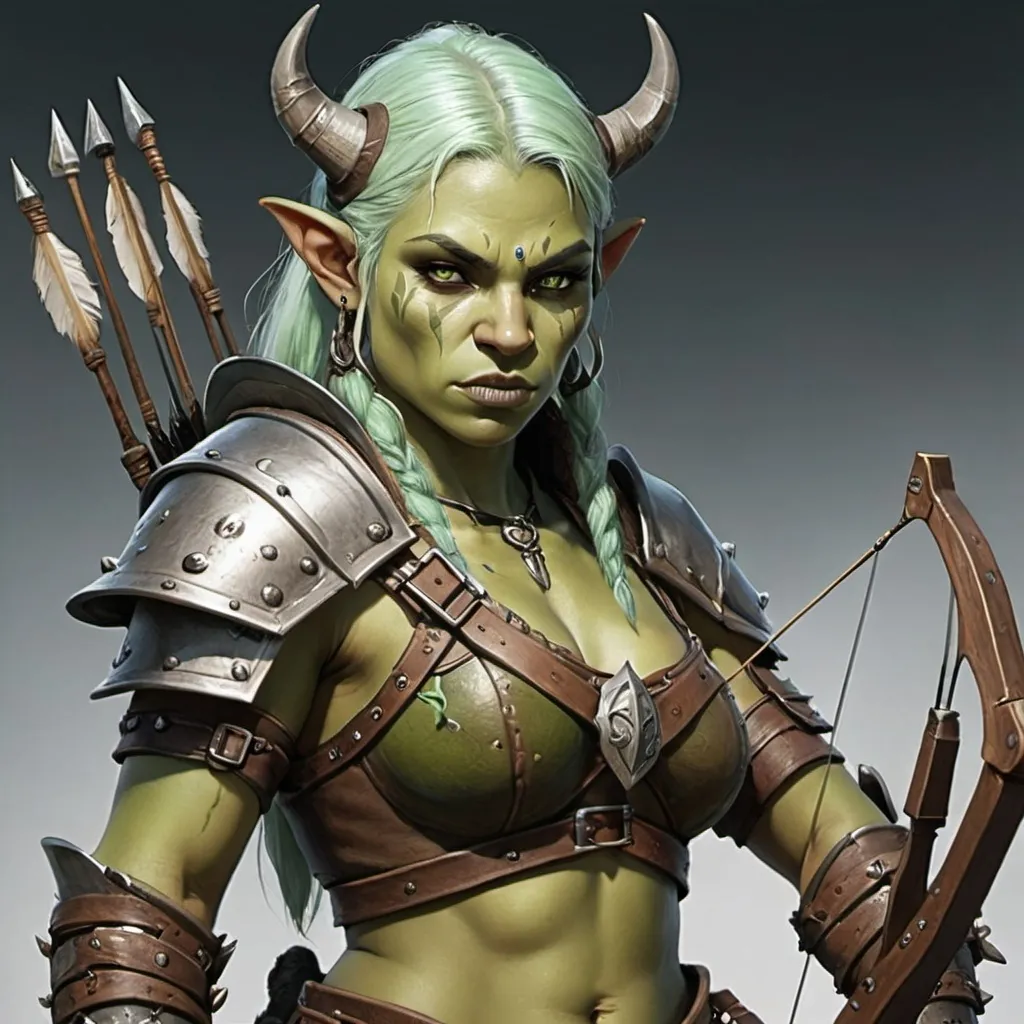 Prompt: An orcish female archer with light green skin and leather armor
