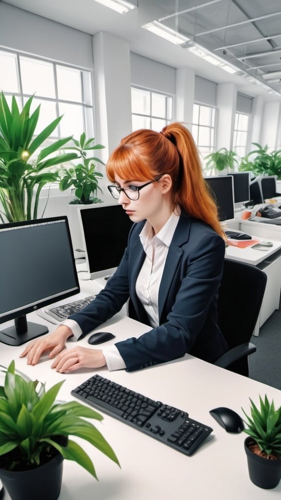 Prompt: Manga style, white woman is working on comupter in the office, modern office, plants and fruits on the desk, computers around, a lot of desks