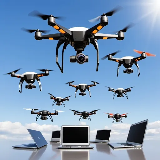 Prompt: Bunch of drones, laptop computers and mor similar consumer electronics hovering in the sky