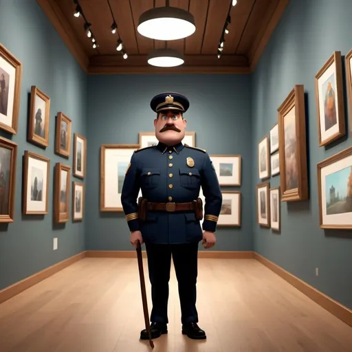 Prompt: create image that shows art gallery with a guard in pixar style
