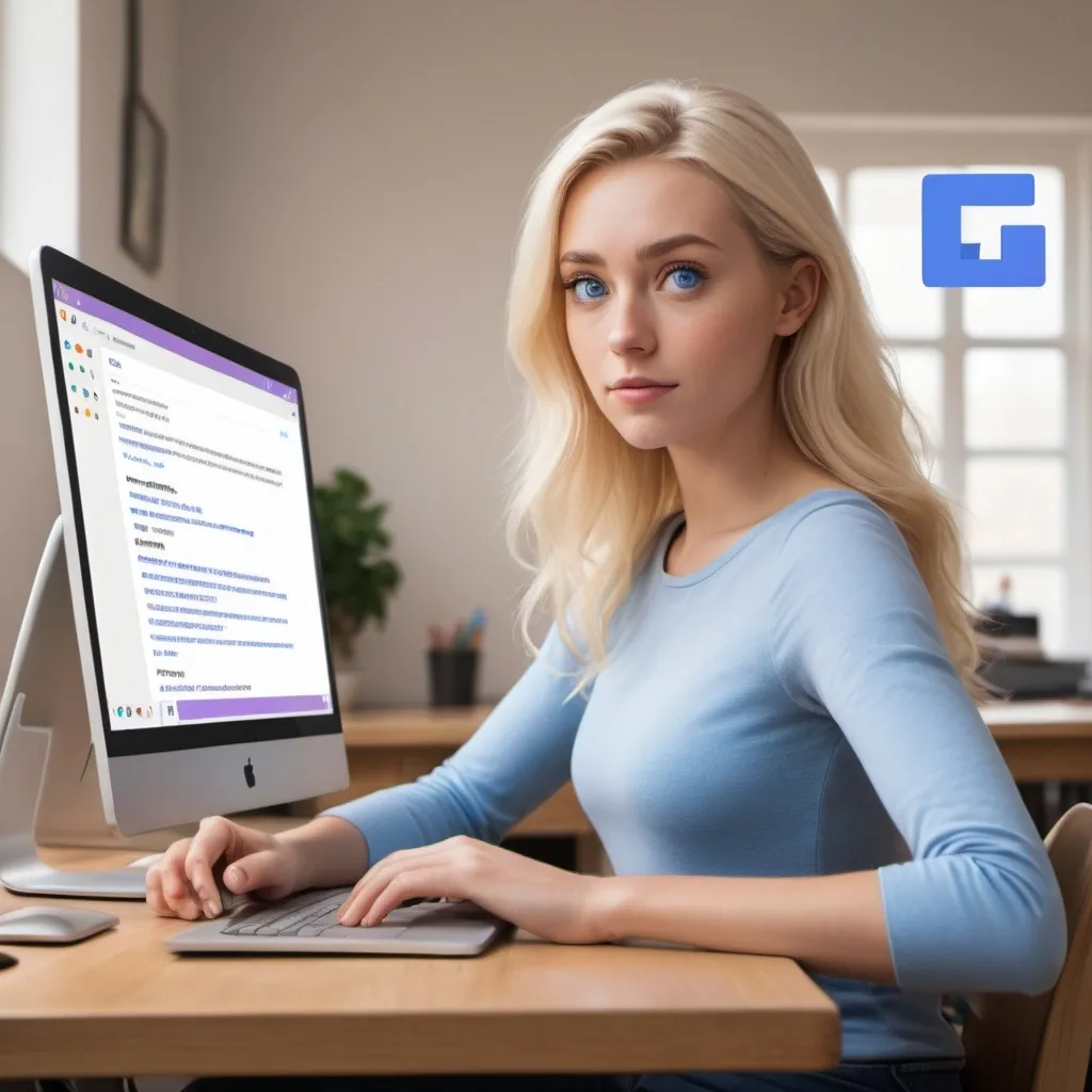 Prompt: A blonde woman with blue eyes, siiting in front a desktop conouter qnd filling google forms pixar style