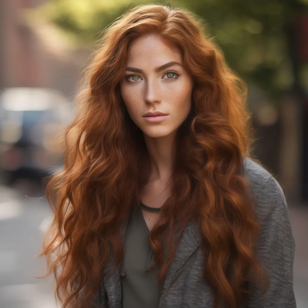 Prompt: A woman who is a mix of Dutch, Persian, and Japanese origin. She has Breathtakingly Gorgeous features. She has long, wavy red hair and grey eyes, and her skin tone is olive complexion while standing at 6 foot four tall and 198 lbs with an athletic build.