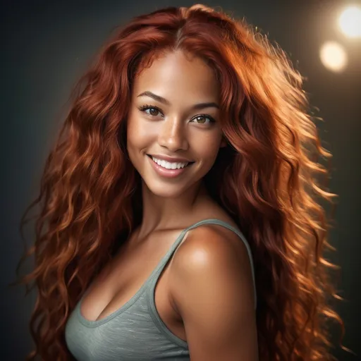 Prompt: Breathtakingly gorgeous woman, (multiracial), long wavy red hair, (striking grey eyes), light olive complexion, athletic build, (6'4" tall, 198 lbs), standing confidently, dramatic lighting, vibrant colors, detailed facial features, expressive smile, captivating pose, ethereal background, dreamy atmosphere, high-quality image, ultra-detailed, cinematic masterpiece.