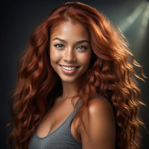 Prompt: Breathtakingly gorgeous woman, (multiracial), long wavy red hair, (striking grey eyes), fair olive complexion, athletic build, (6'4" tall, 198 lbs), standing confidently, dramatic lighting, vibrant colors, detailed facial features, expressive smile, captivating pose, ethereal background, dreamy atmosphere, high-quality image, ultra-detailed, cinematic masterpiece.