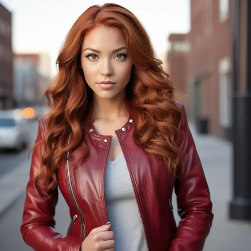 Prompt: She is a multiracial woman who is a mixture of Dutch, Persian, and Japanese origin. She had Breathtakingly Gorgeous features. She has long, wavy red hair and grey eyes, and her skin tone is olive complexion while standing at 6 foot four tall and 198 lbs with an athletic build. She is wearing a fitted red leather jacket with studded embellishments on the collar and sleeves, paired with black leather leggings and knee-high biker boots. A graphic tee with a bold design underneath adds attitude, while a bandana tied around the neck and oversized hoop earrings give the outfit a stylish twist.