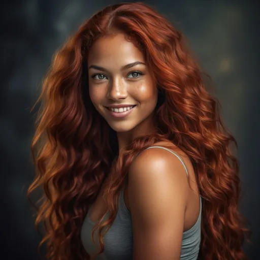 Prompt: Breathtakingly gorgeous woman, (multiracial), long wavy red hair, (striking grey eyes), olive complexion, athletic build, (6'4" tall, 198 lbs), standing confidently, dramatic lighting, vibrant colors, detailed facial features, expressive smile, captivating pose, ethereal background, dreamy atmosphere, high-quality image, ultra-detailed, cinematic masterpiece.