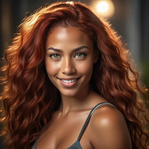 Prompt: Breathtakingly gorgeous woman, (multiracial), long wavy red hair, (striking grey eyes), olive complexion, athletic build, (6'4" tall, 198 lbs), standing confidently, dramatic lighting, vibrant colors, detailed facial features, expressive smile, captivating pose, ethereal background, dreamy atmosphere, high-quality image, ultra-detailed, cinematic masterpiece.