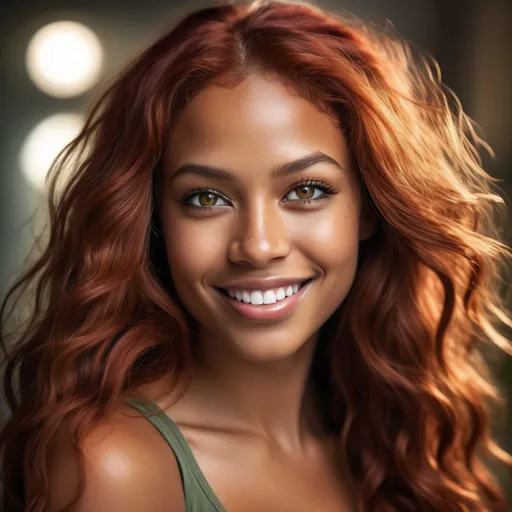 Prompt: Breathtakingly gorgeous woman, (multiracial), long wavy red hair, (striking grey eyes), light olive complexion, athletic build, (6'4" tall, 198 lbs), standing confidently, dramatic lighting, vibrant colors, detailed facial features, expressive smile, captivating pose, ethereal background, dreamy atmosphere, high-quality image, ultra-detailed, cinematic masterpiece.