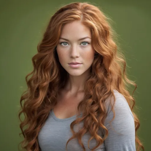 Prompt: She is a multiracial woman who is a mixture of Dutch, Persian, and Japanese origin. She had Breathtakingly Gorgeous features. She has long, wavy red hair and grey eyes, and her skin tone is olive complexion while standing at 6 foot four tall and 198 lbs with an athletic build.