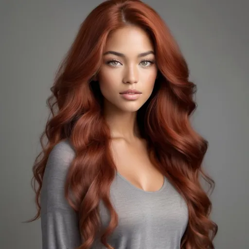 Prompt: She is a multiracial woman who is a mixture of Dutch, Persian, and Japanese origin. She had Breathtakingly Gorgeous features. She has long, wavy red hair and grey eyes, and her skin tone is olive complexion while standing at 6 foot four tall and 198 lbs with an athletic build.