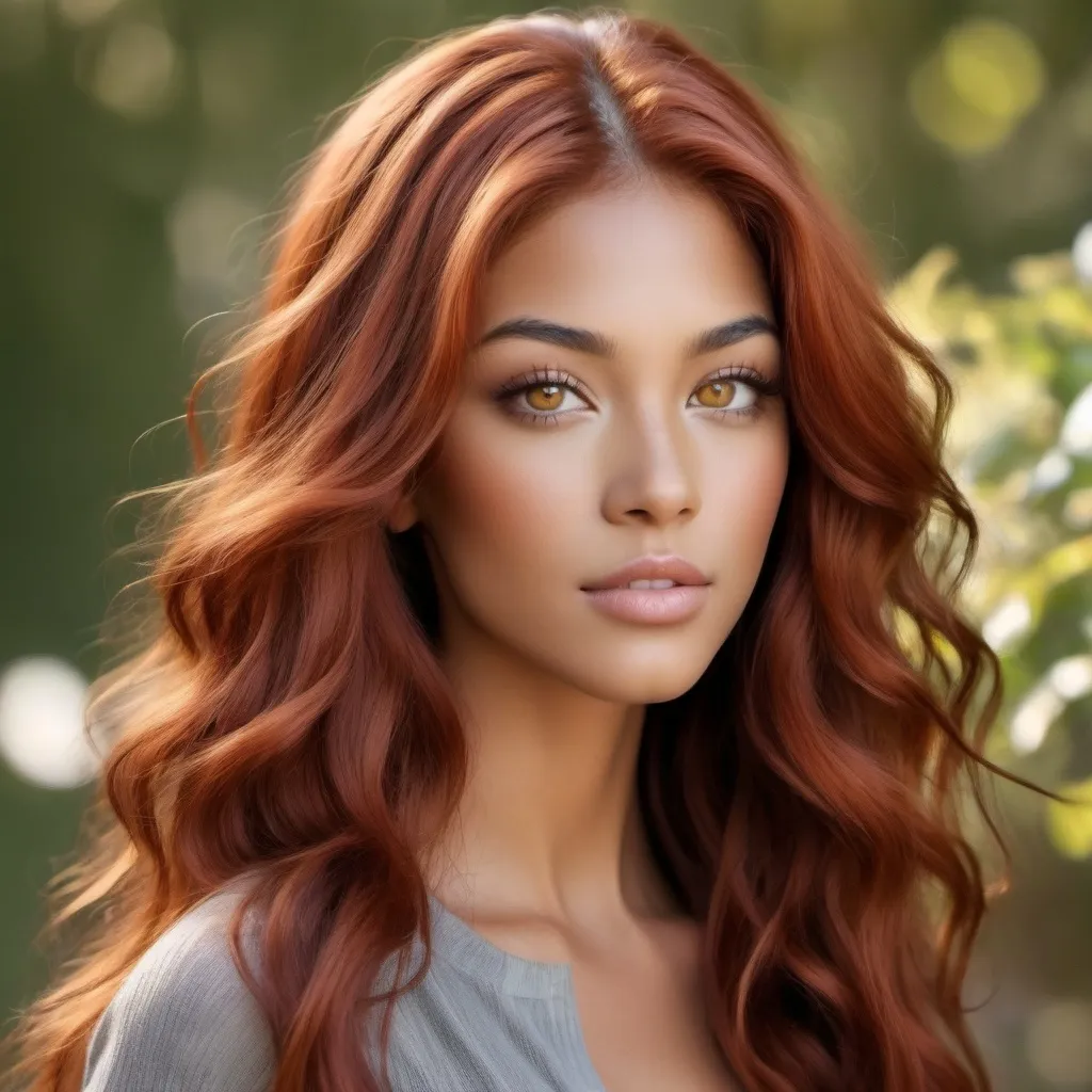 Prompt: She is a multiracial woman who is a mixture of Dutch, Persian, and Japanese origin. She had Breathtakingly Gorgeous features. She has long, wavy red hair and grey eyes, and her skin tone is olive complexion while standing at 6 foot four tall and 198 lbs with an athletic build.