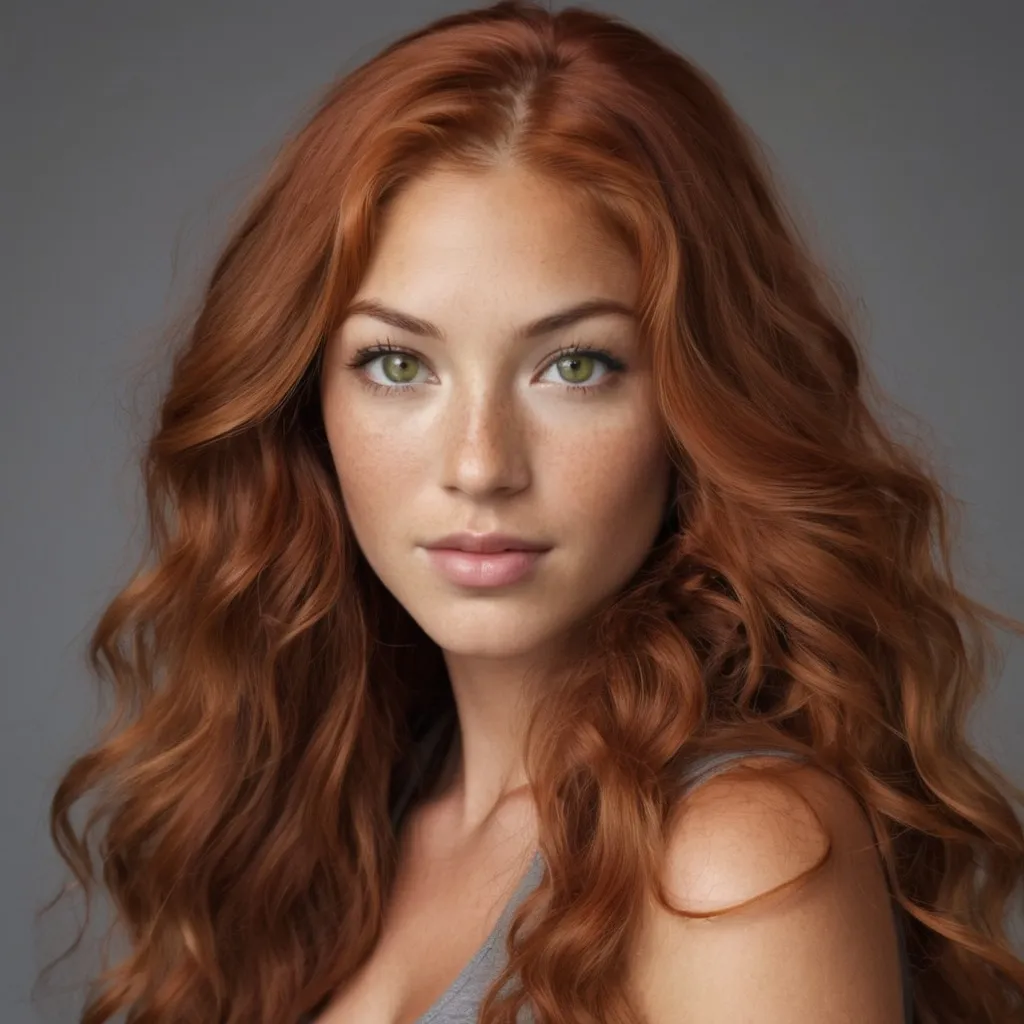 Prompt: She is a woman who is multiracial of Dutch, Persian, and Japanese origin. She had Breathtakingly Gorgeous features. She has long, wavy red hair and grey eyes, and her skin tone is olive complexion while standing at 6 foot four tall and 198 lbs with an athletic build.