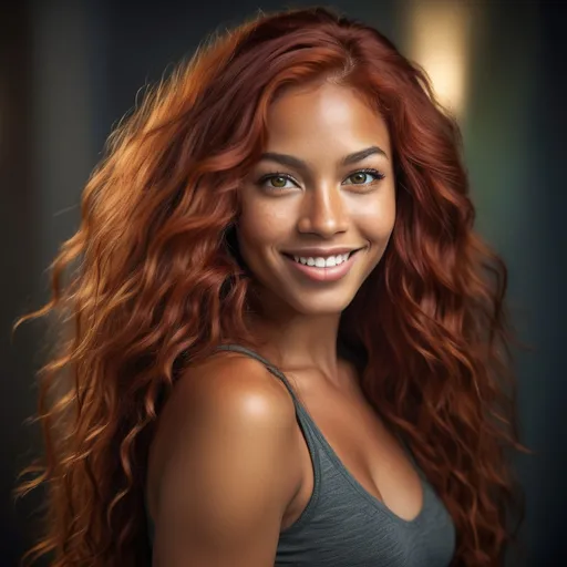 Prompt: Breathtakingly gorgeous woman, (multiracial), long wavy red hair, (striking grey eyes), fair olive complexion, athletic build, (6'4" tall, 198 lbs), standing confidently, dramatic lighting, vibrant colors, detailed facial features, expressive smile, captivating pose, ethereal background, dreamy atmosphere, high-quality image, ultra-detailed, cinematic masterpiece.