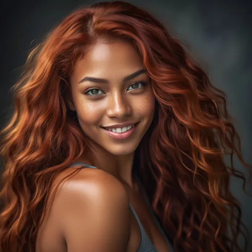 Prompt: Breathtakingly gorgeous woman, (multiracial), long wavy red hair, (striking grey eyes), olive complexion, athletic build, (6'4" tall, 198 lbs), standing confidently, dramatic lighting, vibrant colors, detailed facial features, expressive smile, captivating pose, ethereal background, dreamy atmosphere, high-quality image, ultra-detailed, cinematic masterpiece.