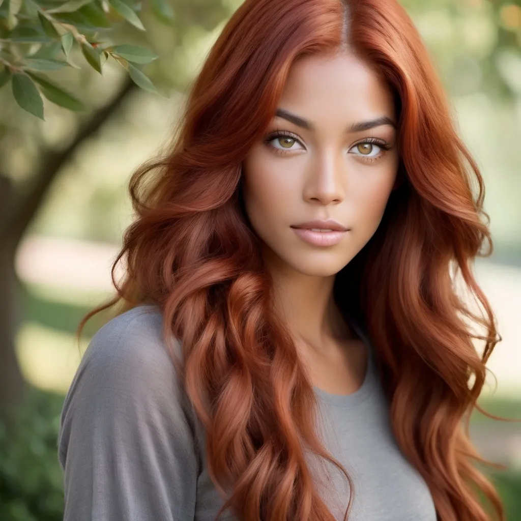 Prompt: She is a multiracial woman who is a mixture of Dutch, Persian, and Japanese origin. She had Breathtakingly Gorgeous features. She has long, wavy red hair and grey eyes, and her skin tone is olive complexion while standing at 6 foot four tall and 198 lbs with an athletic build.