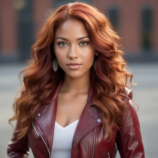 Prompt: She is a multiracial woman who is a mixture of Dutch, Persian, and Japanese origin. She had Breathtakingly Gorgeous features. She has long, wavy red hair and grey eyes, and her skin tone is olive complexion while standing at 6 foot four tall and 198 lbs with an athletic build. She is wearing a fitted red leather jacket with studded embellishments on the collar and sleeves, paired with black leather leggings and knee-high biker boots. A graphic tee with a bold design underneath adds attitude, while a bandana tied around the neck and oversized hoop earrings give the outfit a stylish twist.