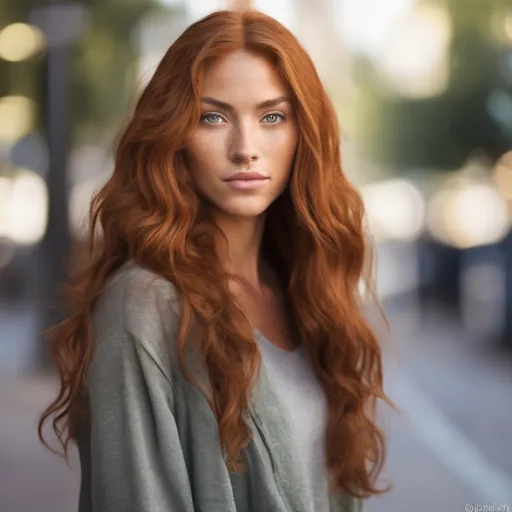 Prompt: A woman who is a mix of Dutch, Persian, and Japanese origin. She has Breathtakingly Gorgeous features. She has long, wavy red hair and grey eyes, and her skin tone is olive complexion while standing at 6 foot four tall and 198 lbs with an athletic build.