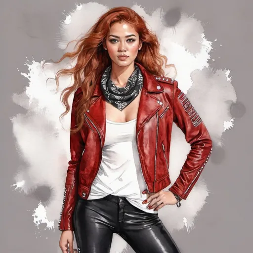 Prompt: She is a multiracial woman who is a mixture of Dutch, Persian, and Japanese origin. She had Breathtakingly Gorgeous features. She has long, wavy red hair and grey eyes, and her skin tone is olive complexion while standing at 6 foot four tall and 198 lbs with an athletic build. She is wearing a fitted red leather jacket with studded embellishments on the collar and sleeves, paired with black leather leggings and knee-high biker boots. A graphic tee with a bold design underneath adds attitude, while a bandana tied around the neck and oversized hoop earrings give the outfit a stylish twist.