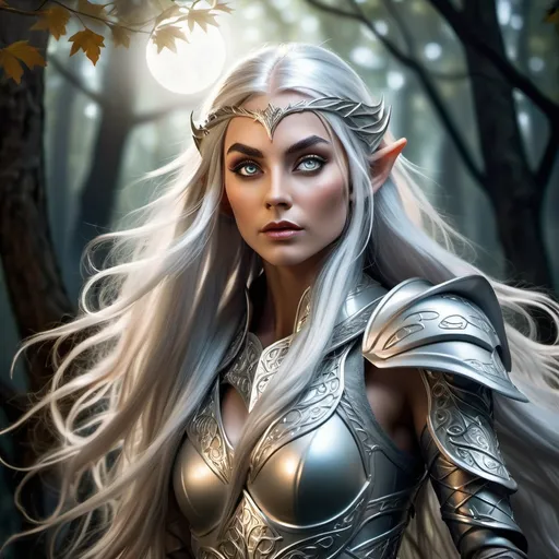 Prompt: 
"A stunning elven warrior with long, silver hair flowing in the wind, standing in an enchanted forest bathed in the light of a glowing, full moon. Her large, captivating eyes sparkle with determination, and her features are sharp and graceful. She wears a striking, form-fitting, enchanted armor with shimmering metallic accents that mold perfectly to her form, accentuating her larger chest and strong, elegant figure. The armor is intricately designed with celestial motifs and radiant gemstones that glow faintly in the moonlight. Her outfit includes a high-cut skirt with layered armor plates and a flowing cape, giving her a dynamic, fierce yet alluring presence. She holds an ornate, glowing bow crafted from enchanted silver, its intricate design matching the elegance of her attire. The background features towering ancient trees with magical symbols etched into their bark, casting an ethereal glow across the scene. The art style is highly detailed and realistic, with a focus on lighting, textures, and vivid colors, creating a visually stunning and immersive fantasy atmosphere."
