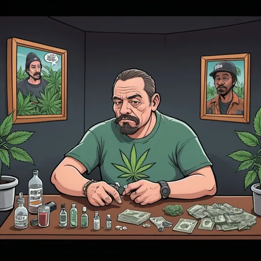 Prompt: criminal, game player, drug dealer, dark room, middle aged man, in la. California, weed, bong, cartoon.