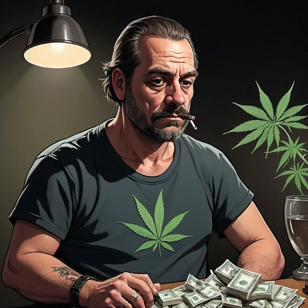 Prompt: criminal, game player, drug dealer, dark room, middle aged man, in la. California, weed, bong, cartoon.