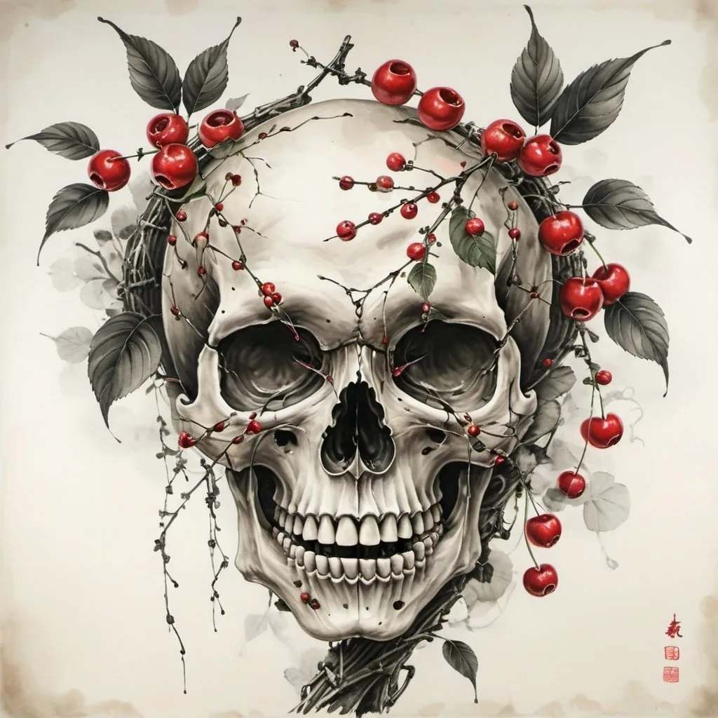 Prompt: A skull with cherry blosoms bursting out of the eye sockets, vines growing, leaves, realistic bone structure, 