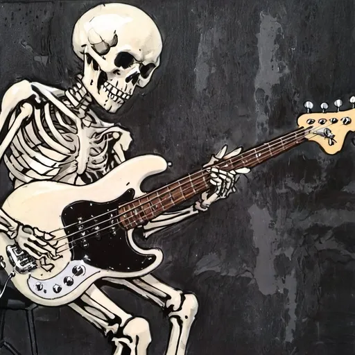 Prompt: Close up on skeleton hand playing the bass guitar, realistic bone structure, 4 string, fender jazz bass, 