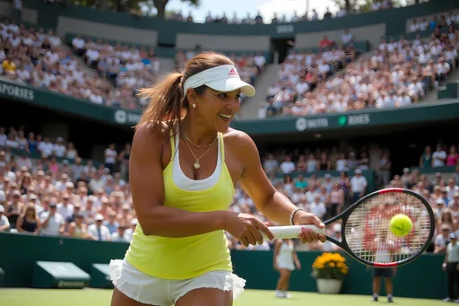 Prompt: Television camera view, (high-energy) Claudia, (focused) playing tennis fiercely, vibrant Australian Open atmosphere, (crowded) stadium in the background, (bright) sunlight illuminating the court, (dynamic) action shot, showcasing movement and intensity, (decisive) expression on face, high contrast colors highlighting the green court, (4K) ultra-detailed quality capturing the thrill of the match.