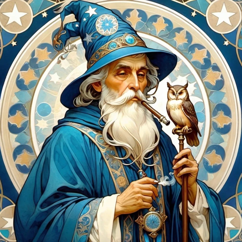 Prompt: An old wizard, smoking a fancy pipe, owl companion, wearing a blue robe containing a repeating white star pattern