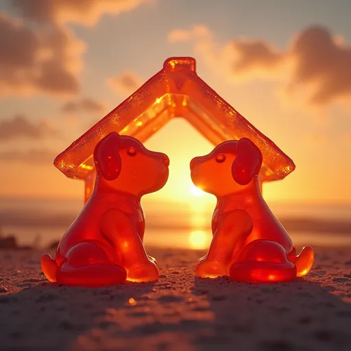 Prompt: gummy dog sitting in a jello house looking at a sunset