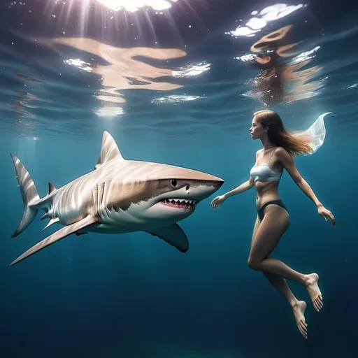 Prompt: shark swimming with a human (dreamy)