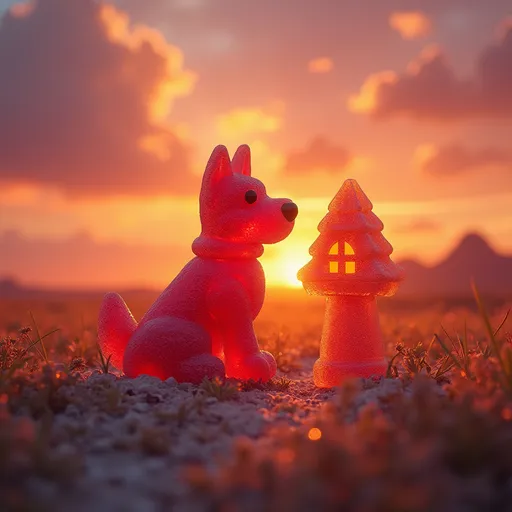Prompt: gummy dog sitting in a jello house looking at a sunset