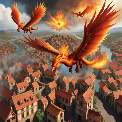 Prompt: Phoenix's flying over a town from the 1700 fighting the dragons
