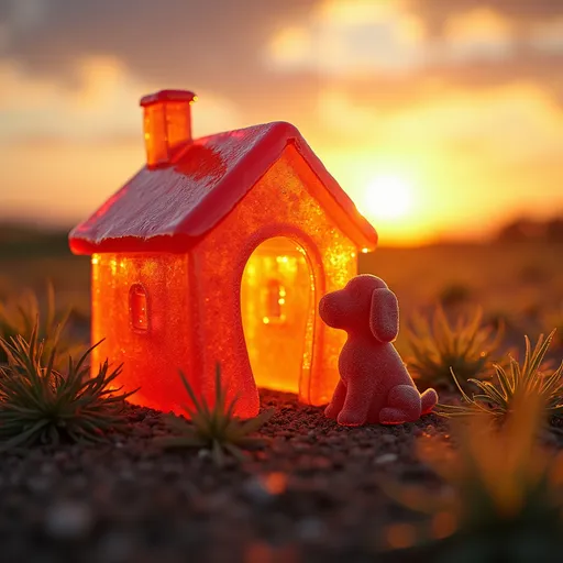 Prompt: gummy dog sitting in a jello house looking at a sunset