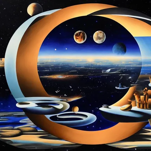 Prompt: Computing cience painting in a futurist world with 3 moons showing in background
