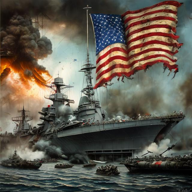 Prompt: Pearl Harbor memorial, realistic oil painting, solemn atmosphere, American flag, battleship wreckage, emotional, historical, patriotic, high quality, realistic, solemn, oil painting, historical, American flag, battleship wreckage, emotional, patriotic, realistic, atmospheric lighting