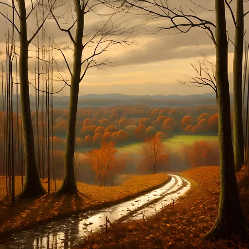 Prompt: Painting of late fall Kentucky landscape, cold and wet, hardwood forest, no leaves, detailed textures, realistic, highres, oil painting, cool tones, atmospheric lighting, detailed foliage