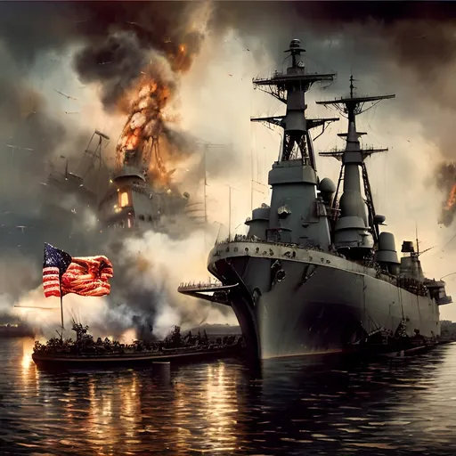 Prompt: Pearl Harbor memorial, realistic oil painting, solemn atmosphere, American flag, battleship wreckage, emotional, historical, patriotic, high quality, realistic, solemn, oil painting, historical, American flag, battleship wreckage, emotional, patriotic, realistic, atmospheric lighting