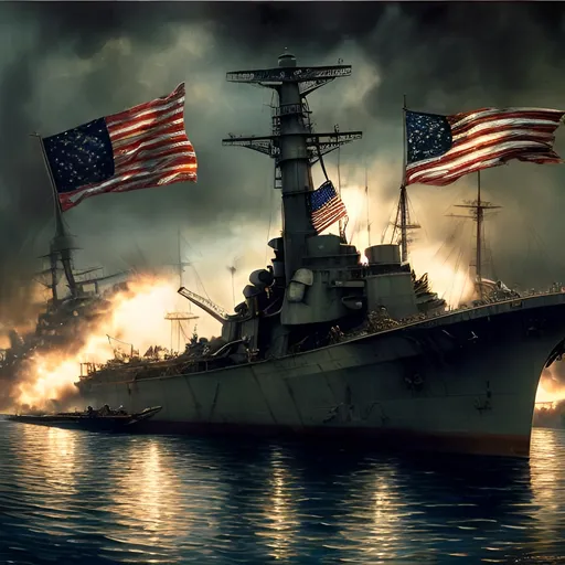 Prompt: Pearl Harbor memorial, realistic oil painting, solemn atmosphere, American flag, battleship wreckage, emotional, historical, patriotic, high quality, realistic, solemn, oil painting, historical, American flag, battleship wreckage, emotional, patriotic, realistic, atmospheric lighting