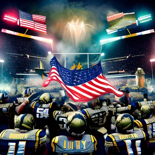 Prompt: US Navy victory over Army football game, digital painting, intense rivalry, triumphant celebration, high energy, vibrant colors, dynamic composition, high quality, digital painting, intense rivalry, triumphant celebration, high energy, vibrant colors, dynamic composition