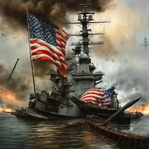 Prompt: Pearl Harbor memorial, realistic oil painting, solemn atmosphere, American flag, battleship wreckage, emotional, historical, patriotic, high quality, realistic, solemn, oil painting, historical, American flag, battleship wreckage, emotional, patriotic, realistic, atmospheric lighting