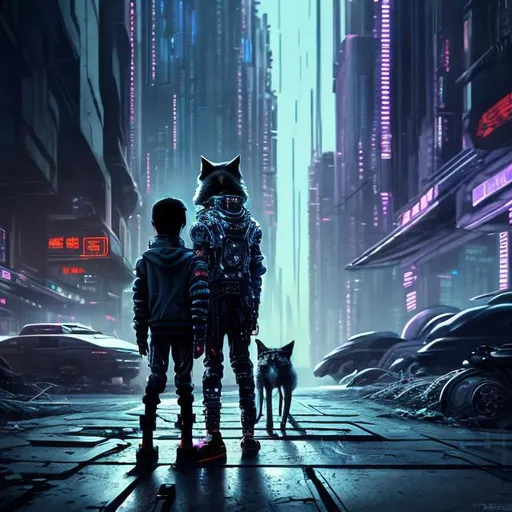 Prompt: Futuristic cyberpunk scene of a  young boy and his wolf on the sidewalk, detailed wolf fur with futuristic cybernetic enhancements, intense gaze, high-tech collar, urban cyberpunk setting, futuristic skyscrapers in the background, cool tones, highres, ultra-detailed, cyberpunk, detailed wolf, sleek design, professional, atmospheric lighting