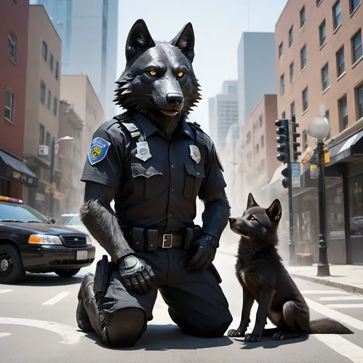 Prompt: Create an image depicting a powerful scene: a black wolf, clad in full police tactical gear, standing upright on its hind legs, guarding a city street. Beside the wolf stands a smaller pup, also on its hind legs, wearing a Pac-Man t-shirt. The black wolf gently rests its hand on the pup's head, symbolizing protection and camaraderie.