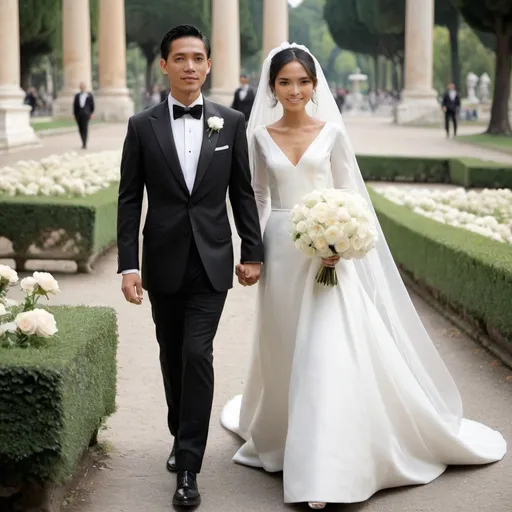 Prompt: **Newlywed Couple Departs for Villa Borghese**: The groom wore a formal black tuxedo, white shirt, and bow tie.  The bride wore a graceful white wedding dress with a veil and a bouquet of flowers.  They walked in the lush gardens of Villa Borghese in a romantic atmosphere. This bridal couple are Indonesian citizens.