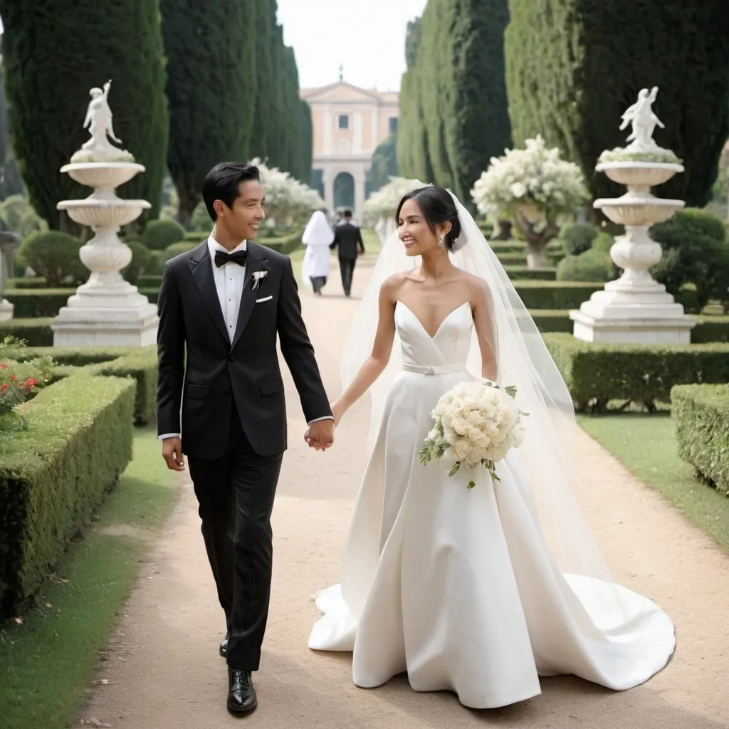 Prompt: **Newlywed Couple Departs for Villa Borghese**: The groom wore a formal black tuxedo, white shirt, and bow tie.  The bride wore a graceful white wedding dress with a veil and a bouquet of flowers.  They walked in the lush gardens of Villa Borghese in a romantic atmosphere. This bridal couple are Indonesian citizens.