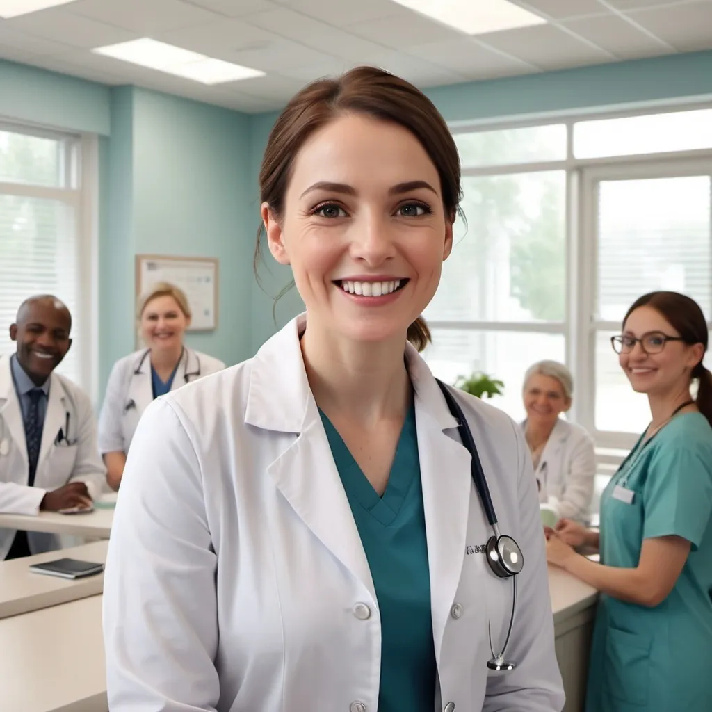 Prompt: A clinic full of happy people waiting for their turn, a happy doctor and a happy secretary 