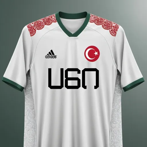 Prompt: Have "𐱅𐰇𐰼𐰰" written on the jersey and use Turkish motifs more to be realistic 