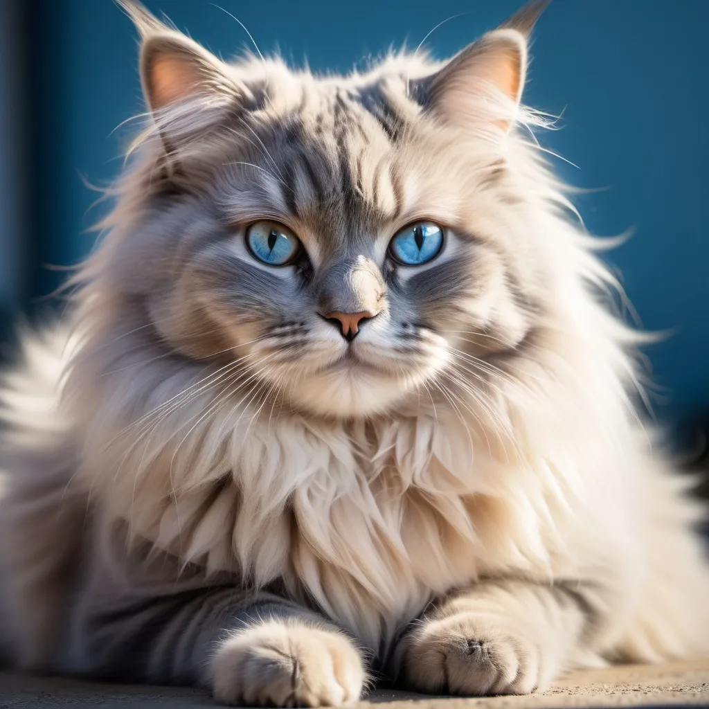 Prompt: Create image of fluffy cat have blue in sunny light in nice scene