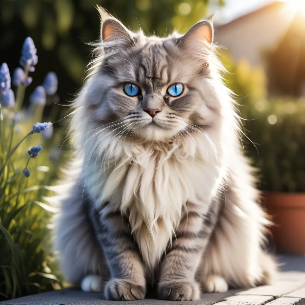 Prompt: Create image of fluffy cat have blue in sunny light in nice scene