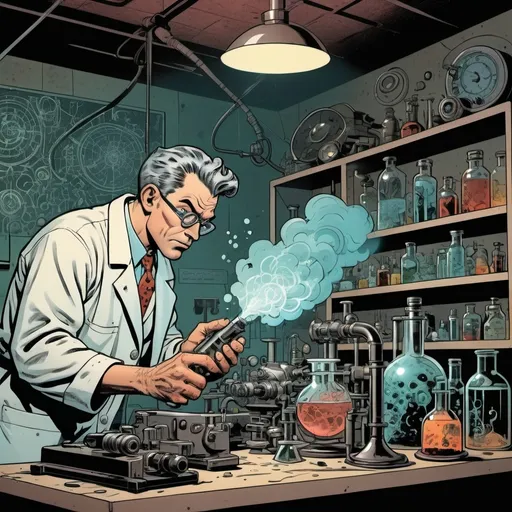 Prompt: A mad scientist in a lab, in the style of Jack Kirby and Wally Wood, 1940s vintage comic, faded colors